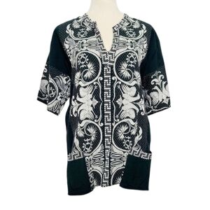 Vintage Giras Woven Embroidered UNISEX Green Pullover Greek Lounge Shirt Size L